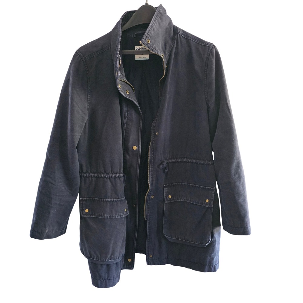 Old Navy Womens Navy Blue Twill Anorak Jacket Drawstring Waist‎ Utility Coat L